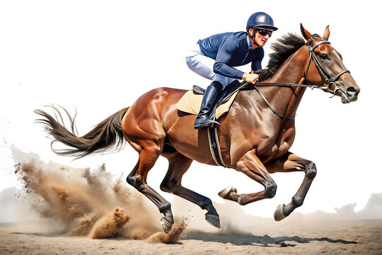 Male jockey in blue racing silks riding a galloping brown horse kicking up dust isolated on a transparent background - Powered by Adobe