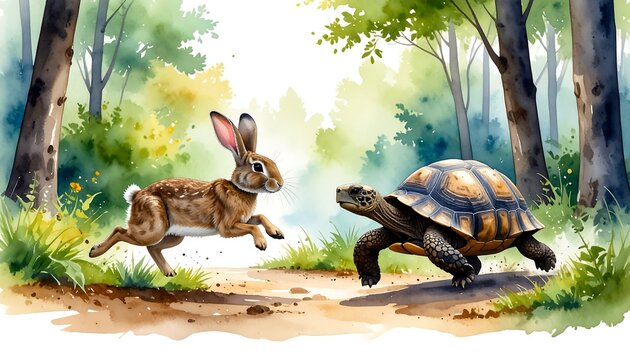 Watercolor illustration of a hare and a tortoise on a forest path