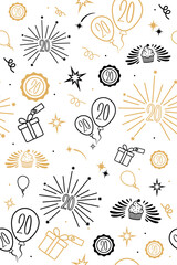 Elegant gift wrap for 20th birthday with balloons, cupcakes, and stars in black and gold. Minimal and classy style.