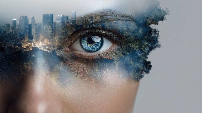 Surreal double exposure of cityscape and human face conceptual art, identity, urban mind, creativity, modern surrealism, mental world.