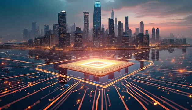 AI Controlling Futuristic City Video Footage Scene Showing Bright Energy Network and Smart Infrastructure