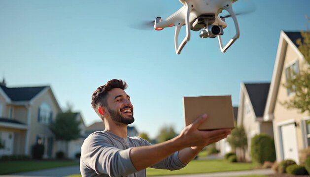 Man Receiving Package from Flying Drone Video Footage Scene Showing AI Automation and Smart Delivery