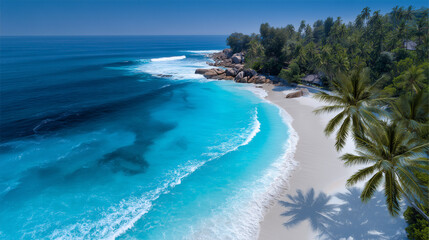Aerial view of tropical beach, turquoise water, palm trees, white sand, travel destination