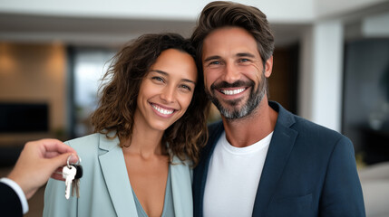 Real estate agent handing keys, happy couple in new home, modern interior