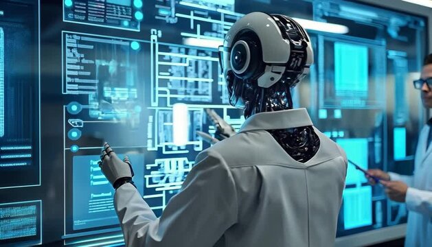 Robot Researcher Analyzing Holographic Data Video Footage Scene Showing AI Discovery and Scientific Breakthroughs
