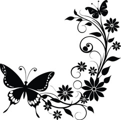 Corner Flourish With Butterfly And Flower Silhouet