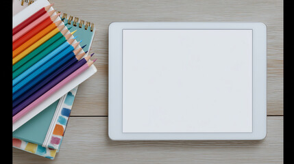 Back to school flat lay, notebooks, pencils, digital tablet, fresh creative layout