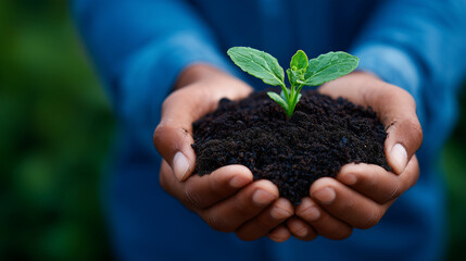 Hand holding seedling with soil, environment and care for nature, green future