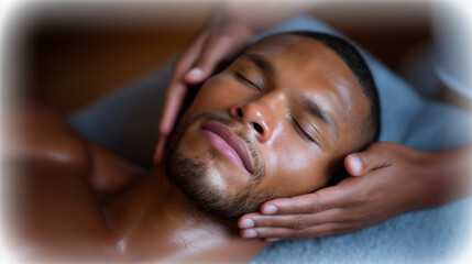 Male client receiving facial care, beard line area, men&acirc;s grooming and wellness