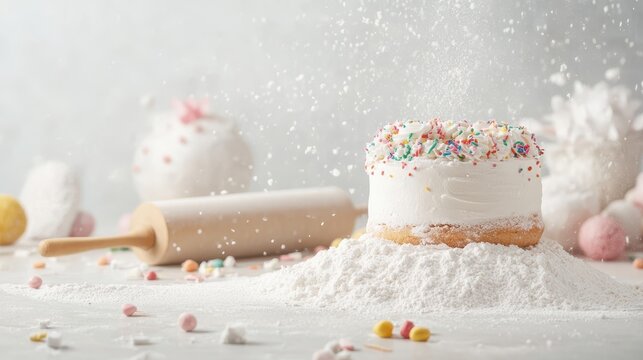 Baking competition setup with cake, flour, sprinkles, and rolling pin