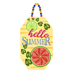 Hello summer sign wall decor, watermelon and lime with monstera leaves home decor, vector illustration 