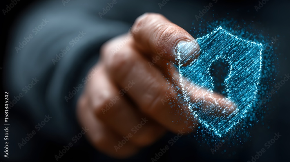 Poster abstract technology background featuring a hand and secure shield with keyhole