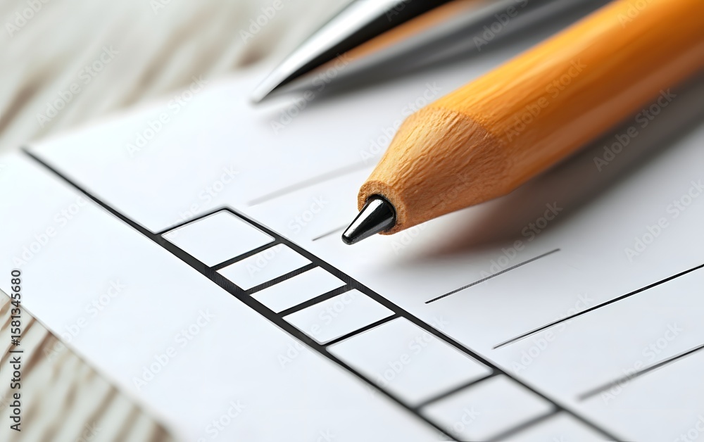 Poster a close-up image featuring a wooden pen resting on a clean sheet of paper with checkbox outlines, re