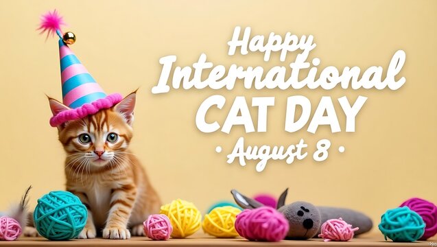 Cute ginger kitten wearing a party hat celebrates international cat day - Powered by Adobe