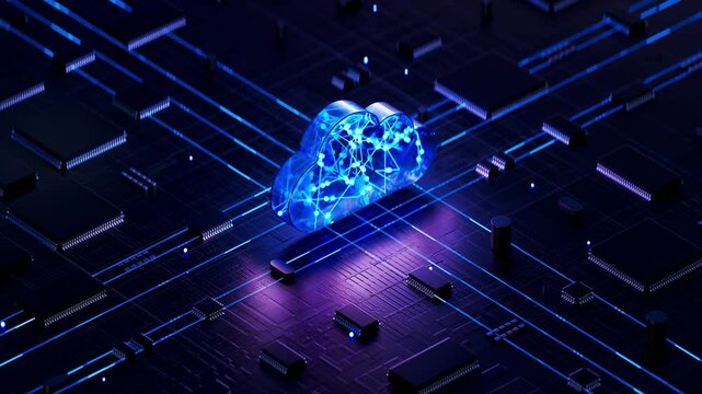 Cloud shape on circuit board symbolizes cloud computing technology and network security concept. 3D rendering, conceptual image.