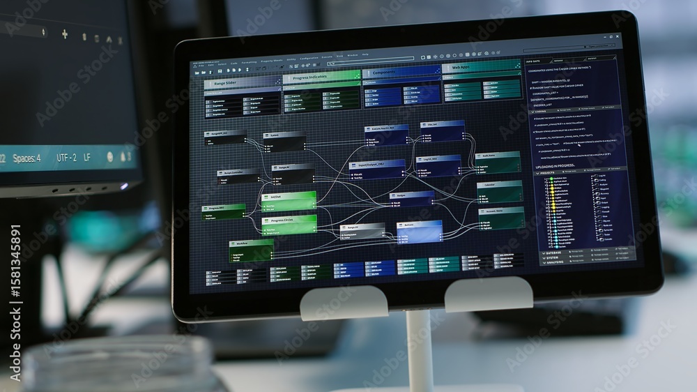 Poster close up of tablet in high tech data center business used for maintaining network gear. focus on pro