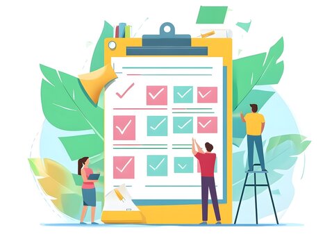 A colorful illustration depicts a team of diverse individuals organizing tasks on a large checklist, symbolizing productivity, teamwork, and project management in a vibrant office