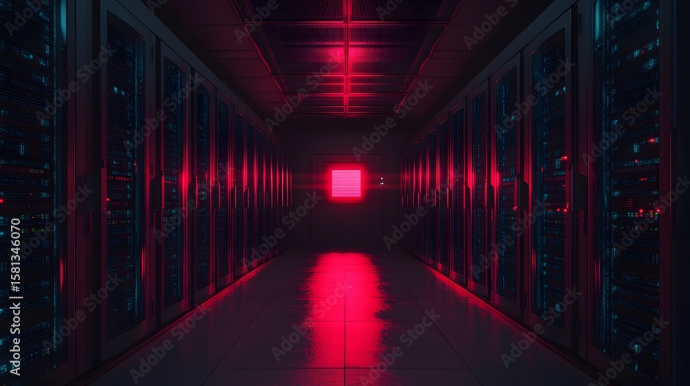 Poster a futuristic data center corridor illuminated by red lights, showcasing rows of high-tech server rac