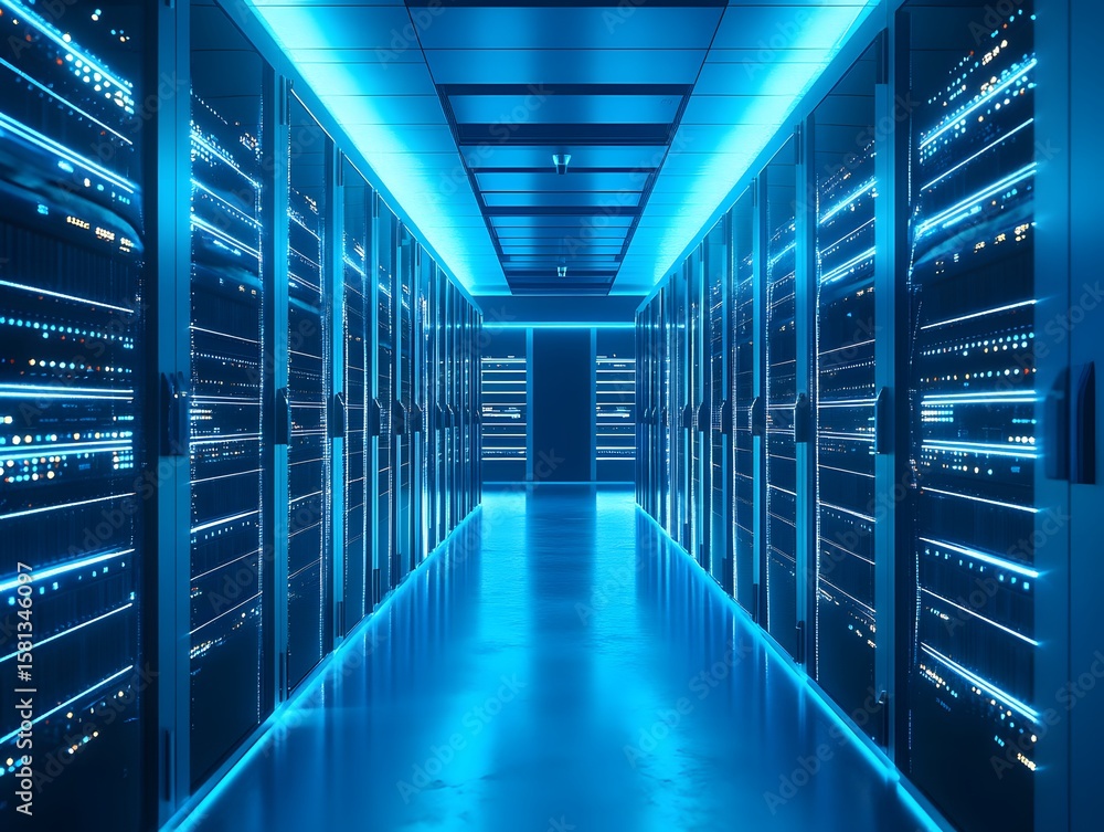 Poster a futuristic data center with rows of servers illuminated by blue led lights. the sleek design showc