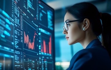 A focused professional woman analyzes data on a large screen, showcasing her expertise in data analytics and technology