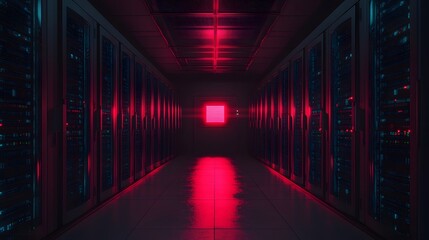 A futuristic data center corridor illuminated by red lights, showcasing rows of high-tech server racks. The sleek design emphasizes modern technology and digital infrastructure.