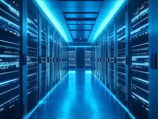 Fototapeta premium A futuristic data center with rows of servers illuminated by blue LED lights. The sleek design showcases advanced technology vital for data management and digital communication.
