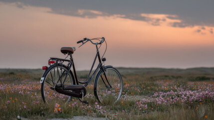 Fototapeta premium picturesque electric bicycle rests in vibrant field during sunset surrounded by wildflowers