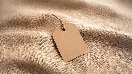 Blank Brown Paper Tag on Burlap Fabric Background