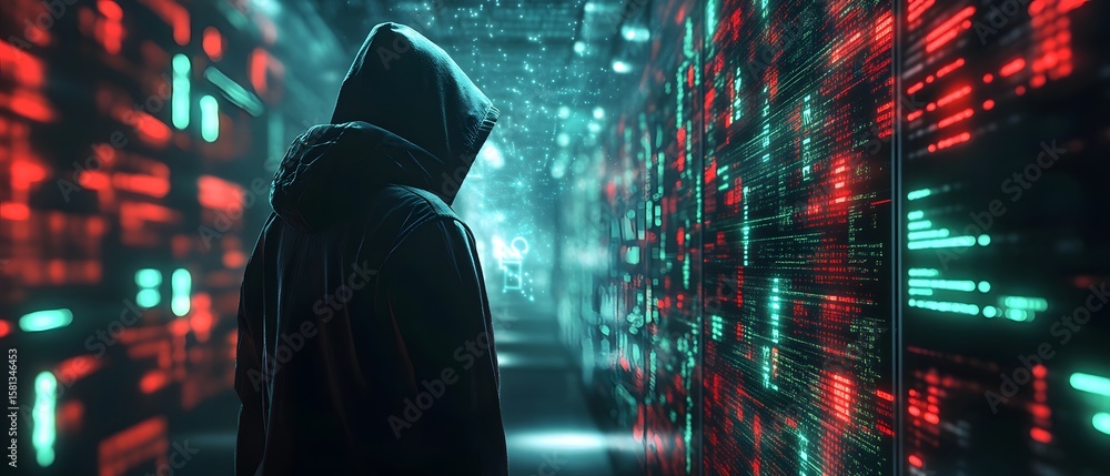 Poster a mysterious figure in a hooded cloak stands in a dark tech corridor, surrounded by illuminated data