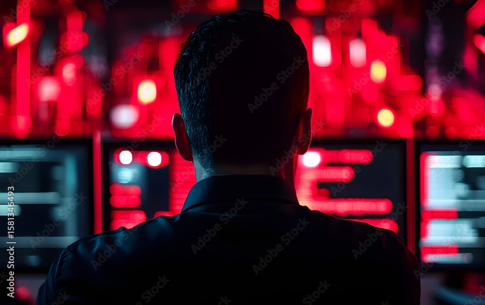 Poster a person in a dark room, focused on multiple screens displaying code and data, surrounded by ambient