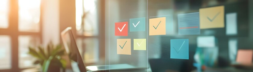 A modern workspace with colorful sticky notes on a glass panel, symbolizing productivity and organization