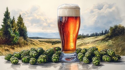 Refreshing Craft Beer with Hops in Beautiful Nature Setting - Perfect for Beer Enthusiasts and Homebrewers