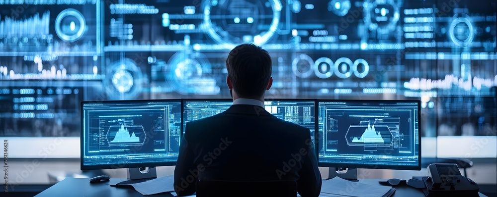 Poster a professional analyzing data on multiple screens in a modern office environment