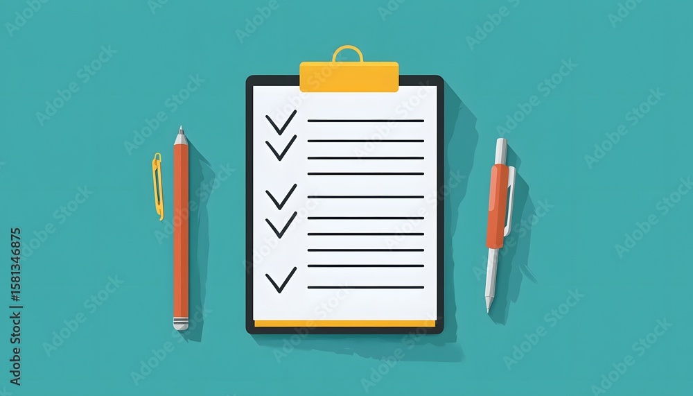 Poster a vibrant and modern representation of a checklist on a clipboard, surrounded by two pens. ideal for