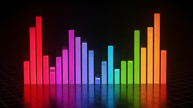 Colorful neon histogram bars reflecting on the grid for data analysis in black background
