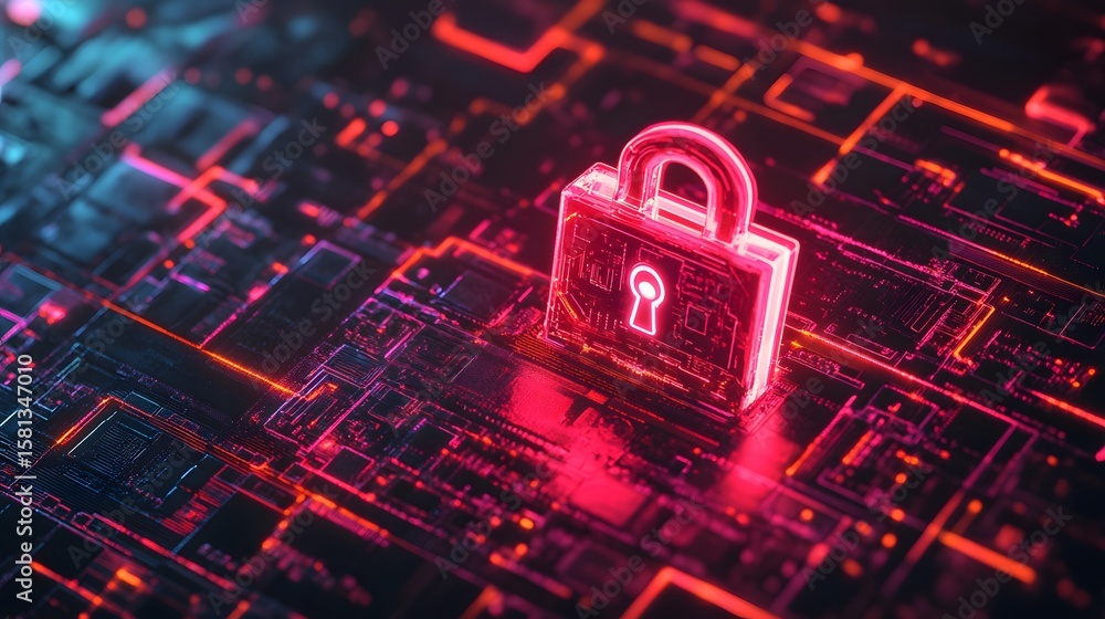 Poster a vibrant digital representation of a secure lock symbol, surrounded by glowing circuitry, symbolizi