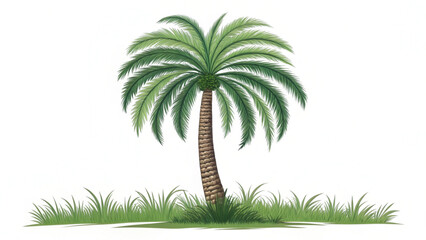 Fototapeta premium Illustration of a palm tree with green fronds and a textured trunk standing in a patch of green grass