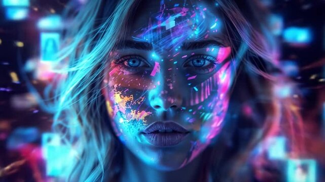 Futuristic woman with digital interface projections and holographic displays showcasing multidisciplinary AI applications across her face and surroundings