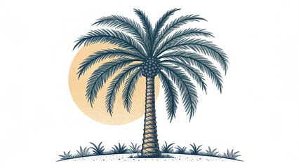 Illustration of a palm tree with a full crown and a textured trunk against a soft yellow sun backdrop scene
