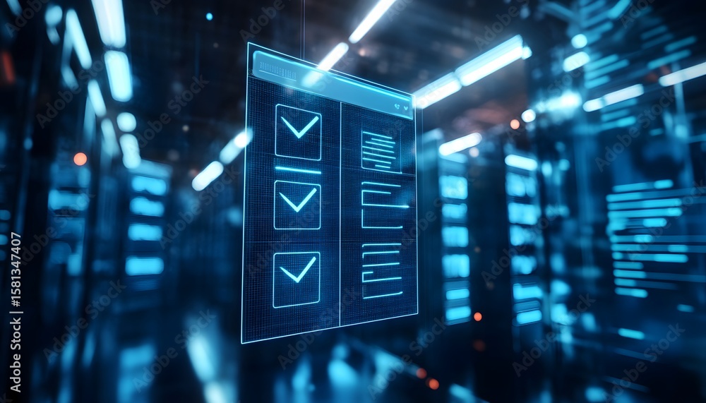 Poster futuristic digital interface displaying checklist items. the glowing elements suggest a high-tech en