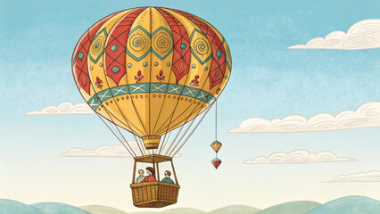 Obraz premium Illustration of a large hot air balloon with passengers floating in a blue sky with clouds above hills