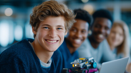 Teen boy looking at camera smiles while engaging with robotics project alongside peers in modern classroom. Bright and dynamic environment showcasing teamwork