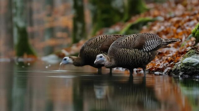 Two speckled wood partridges drinking from a calm forest pond