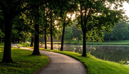 Obraz premium Sunny park path by a lake