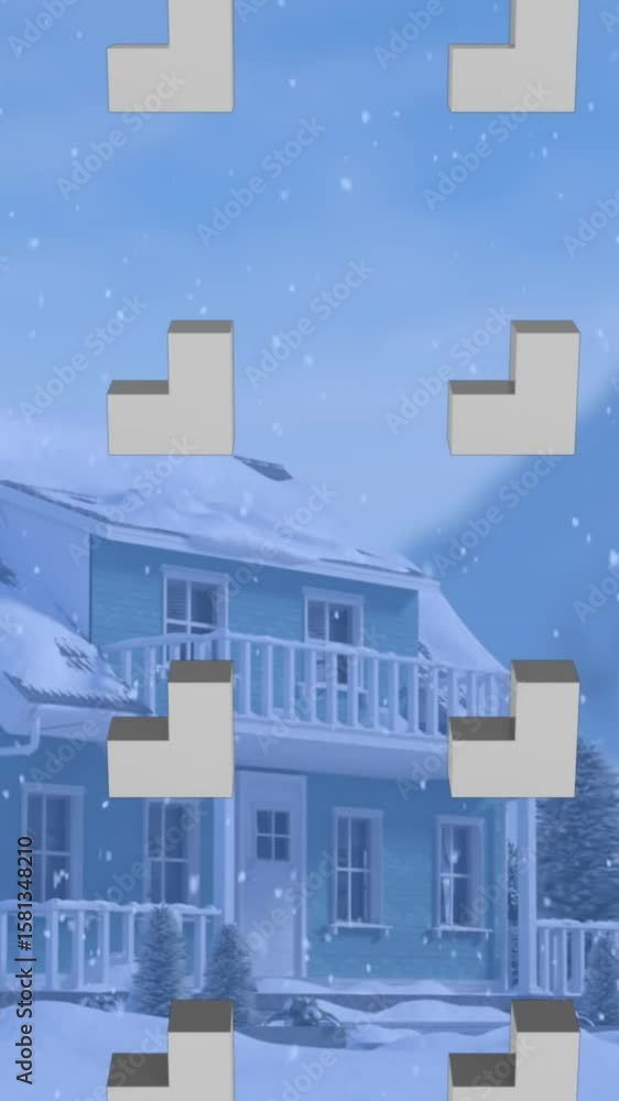Poster animation of rows of abstract shapes pattern and christmas snow falling over winter scenery