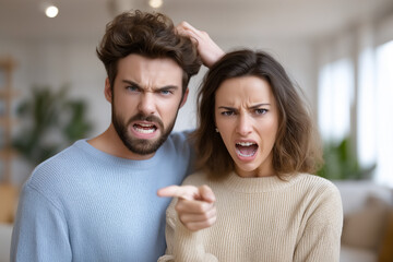 Couple expresses anger while standing close in contemporary living space. Frustration visible on their faces as they confront each other