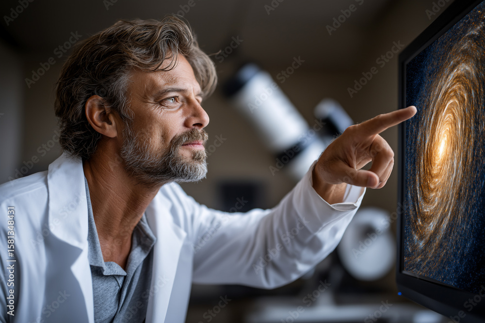 Aufkleber scientist points at digital display showcasing galaxy image, focused on cosmic exploration and under