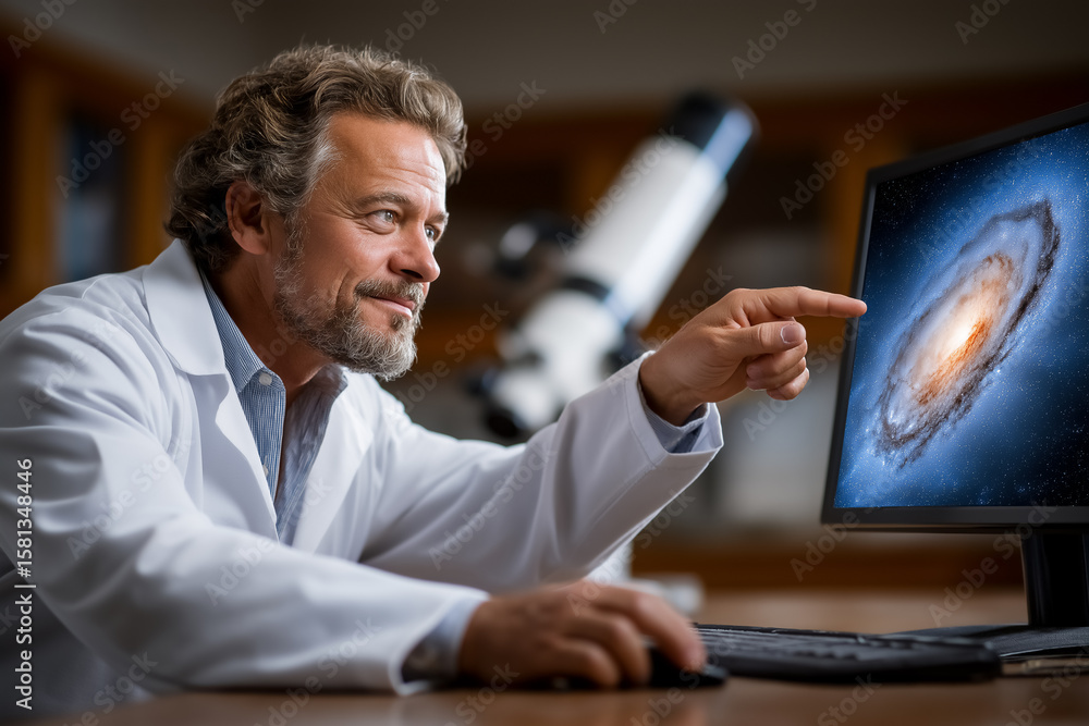 Fototapete scientist pointing at galaxy displayed on computer screen while seated at desk in modern laboratory.