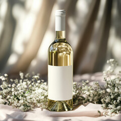 Romantic wedding flower background with white wine bottle mockup and blank label.