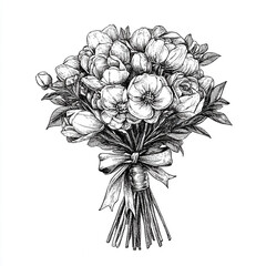 Vintage flower bouquet with ribbon, hand-drawn ink sketch illustration. Botanical floral drawing.